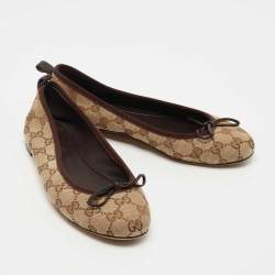 Pre Owned Gucci Beige/Brown GG Canvas Bow Ballet Flats Size 37