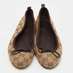 Pre Owned Gucci Beige/Brown GG Canvas Bow Ballet Flats Size 37