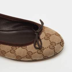Pre Owned Gucci Beige/Brown GG Canvas Bow Ballet Flats Size 37