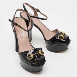Gucci Black Patent Leather Claudie Sandals Size 38.5