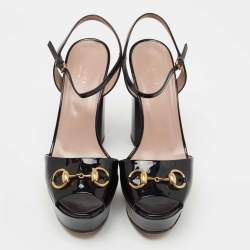 Gucci Black Patent Leather Claudie Sandals Size 38.5