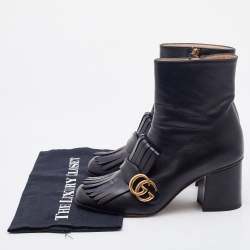 Pre Owned Gucci Black Leather GG Marmont Fringe Block Heel Ankle Length Boots Size 38.5