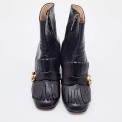 Pre Owned Gucci Black Leather GG Marmont Fringe Block Heel Ankle Length Boots Size 38.5