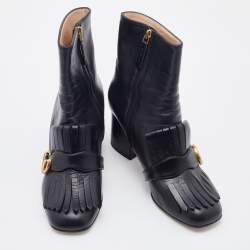 Pre Owned Gucci Black Leather GG Marmont Fringe Block Heel Ankle Length Boots Size 38.5