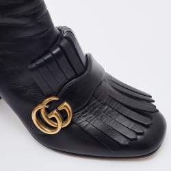 Pre Owned Gucci Black Leather GG Marmont Fringe Block Heel Ankle Length Boots Size 38.5