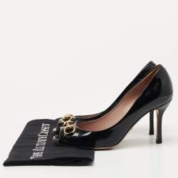 Pre Owned Gucci Black Micro Guccissima Patent Leather Horsebit Peep Toe Pumps Size 36