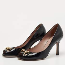 Pre Owned Gucci Black Micro Guccissima Patent Leather Horsebit Peep Toe Pumps Size 36