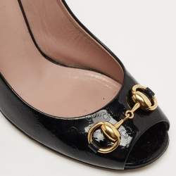 Pre Owned Gucci Black Micro Guccissima Patent Leather Horsebit Peep Toe Pumps Size 36