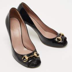 Pre Owned Gucci Black Micro Guccissima Patent Leather Horsebit Peep Toe Pumps Size 36