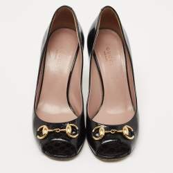 Pre Owned Gucci Black Micro Guccissima Patent Leather Horsebit Peep Toe Pumps Size 36