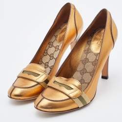 Pre Owned Gucci Metallic Gold Leather Lifford Penny Loafer Pumps Size 37.5