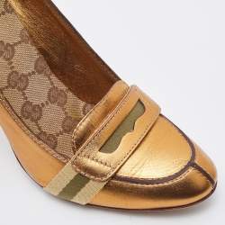 Pre Owned Gucci Metallic Gold Leather Lifford Penny Loafer Pumps Size 37.5