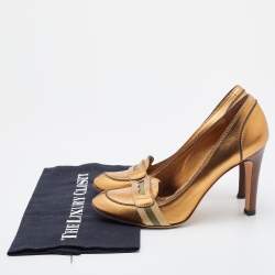 Pre Owned Gucci Metallic Gold Leather Lifford Penny Loafer Pumps Size 37.5