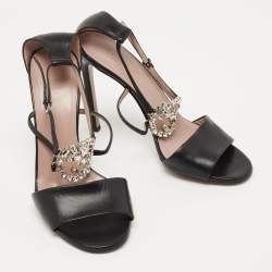 Gucci Black Leather Crystal Embellished GG Ankle Strap Sandals Size 39