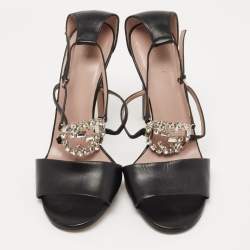 Gucci Black Leather Crystal Embellished GG Ankle Strap Sandals Size 39