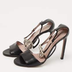 Gucci Black Leather Crystal Embellished GG Ankle Strap Sandals Size 39