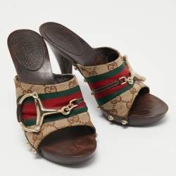 Gucci Beige/Brown GG Canvas Horsebit Clogs Size 35