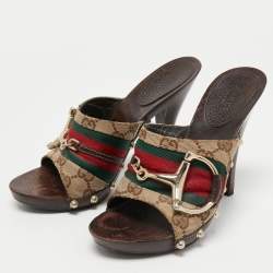 Gucci Beige/Brown GG Canvas Horsebit Clogs Size 35