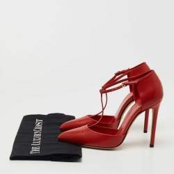 Pre Owned Gucci Red Leather Pointed Toe T-Strap Pumps Size 36.5