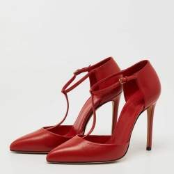 Pre Owned Gucci Red Leather Pointed Toe T-Strap Pumps Size 36.5