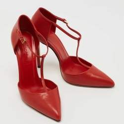 Pre Owned Gucci Red Leather Pointed Toe T-Strap Pumps Size 36.5