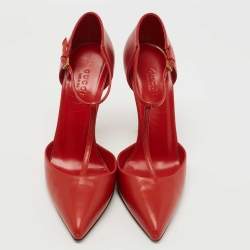 Pre Owned Gucci Red Leather Pointed Toe T-Strap Pumps Size 36.5