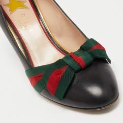 Gucci Black Leather Web Bow Block Heel Pumps Size 38