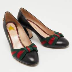 Gucci Black Leather Web Bow Block Heel Pumps Size 38