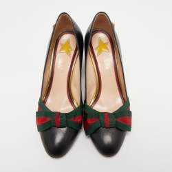 Gucci Black Leather Web Bow Block Heel Pumps Size 38