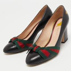 Gucci Black Leather Web Bow Block Heel Pumps Size 38