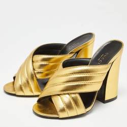Gucci Metallic Gold Leather Webby Slide Sandals Size 37