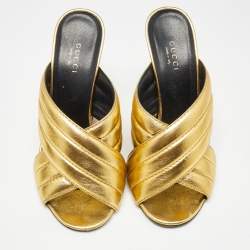 Gucci Metallic Gold Leather Webby Slide Sandals Size 37