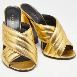 Gucci Metallic Gold Leather Webby Slide Sandals Size 37