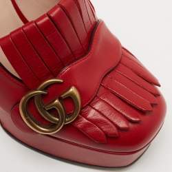 Gucci Red Leather Double G Fringes Platform Pumps Size 36.5