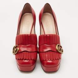 Gucci Red Leather Double G Fringes Platform Pumps Size 36.5