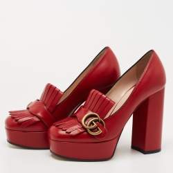 Gucci Red Leather Double G Fringes Platform Pumps Size 36.5