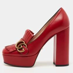 Gucci Red Leather Double G Fringes Platform Pumps Size 36.5