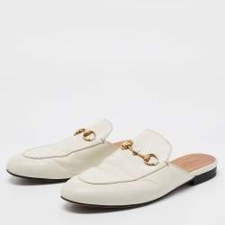 Pre Owned Gucci Off White Leather Princetown Flat Mules Size 38.5