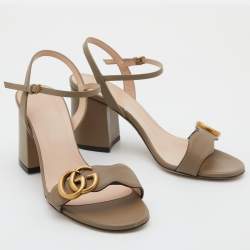 Pre Owned Gucci Grey Leather GG Marmont Block Heel Ankle Strap Sandals Size 36