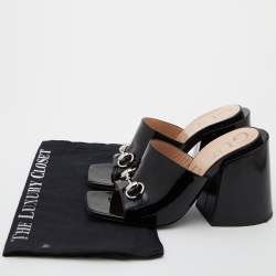 Gucci Black Patent Leather Lexi Block Heel Slide Sandals Size 37.5