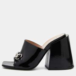 Gucci Black Patent Leather Lexi Block Heel Slide Sandals Size 37.5