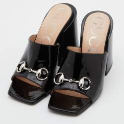 Gucci Black Patent Leather Lexi Block Heel Slide Sandals Size 37.5