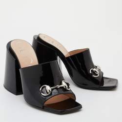 Gucci Black Patent Leather Lexi Block Heel Slide Sandals Size 37.5