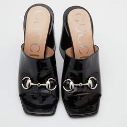 Gucci Black Patent Leather Lexi Block Heel Slide Sandals Size 37.5