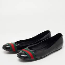 Pre Owned Gucci Black Leather Web Detail Ballet Flats Size 39