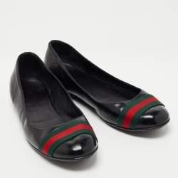 Pre Owned Gucci Black Leather Web Detail Ballet Flats Size 39