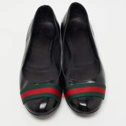 Pre Owned Gucci Black Leather Web Detail Ballet Flats Size 39
