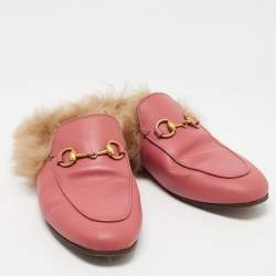 Gucci Prink Leather and Fur Princetown Mules Size 36
