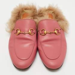 Gucci Prink Leather and Fur Princetown Mules Size 36