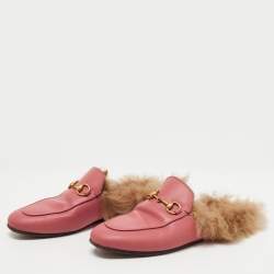 Gucci Prink Leather and Fur Princetown Mules Size 36
